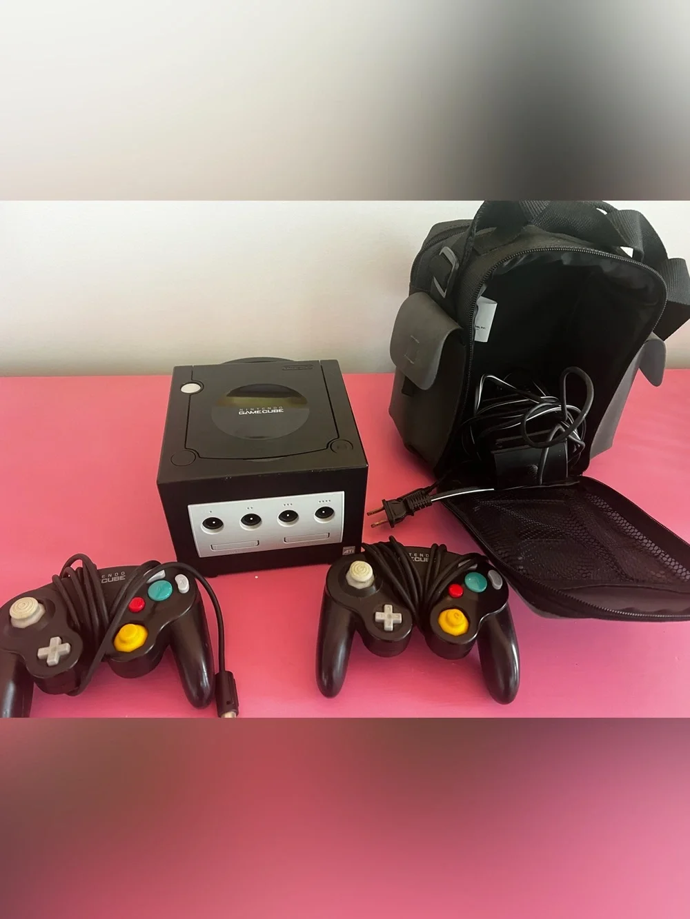 Nintendo Black GameCube Console with Two Black Controllers and Carry Case